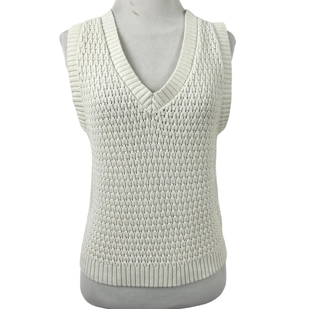 Forever 21 Cream Knit Sweater Vest V Neck Sleeveless Preppy Top Small